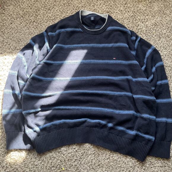 Tommy Hilfiger Sweater Mens blueNavy Blue Striped Crest Logo Preppy Knit - Picture 1 of 6